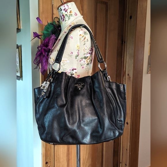 Prada Handbags - Prada soft calf Side- Pocket Hobo Shoulder Bag Black